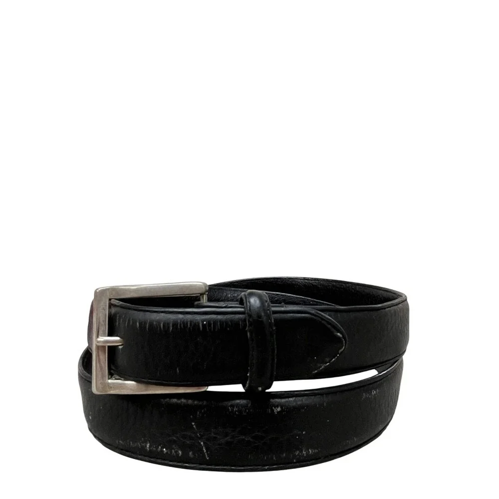 PE Black Pebbled Leather Belt Silver Tone Square Buckle Size 44 Mens Accessory
